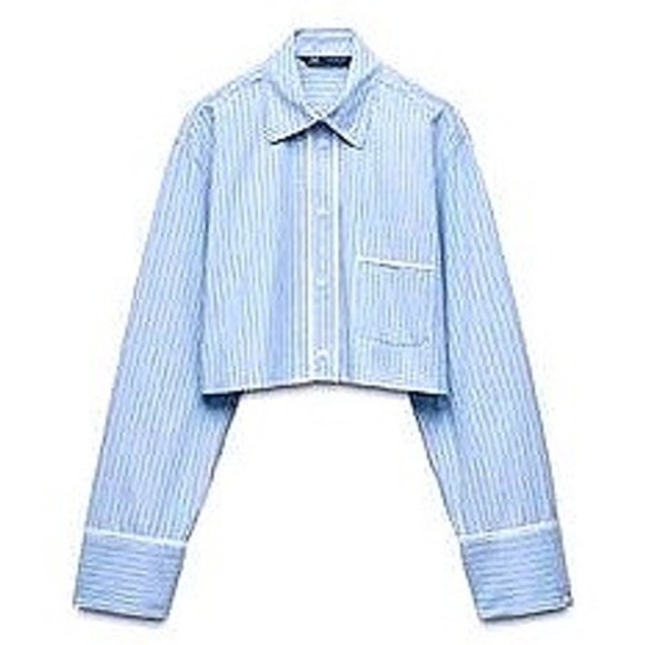 Zara Striped Cropped Button Down Shirt Womens Small Blue White Excellent - Picture 2 of 10